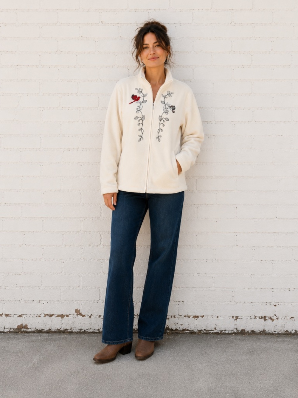 Northern Reflections Cardinal Chickadee Embroidered Fleece Jacket Full Zip Ivory